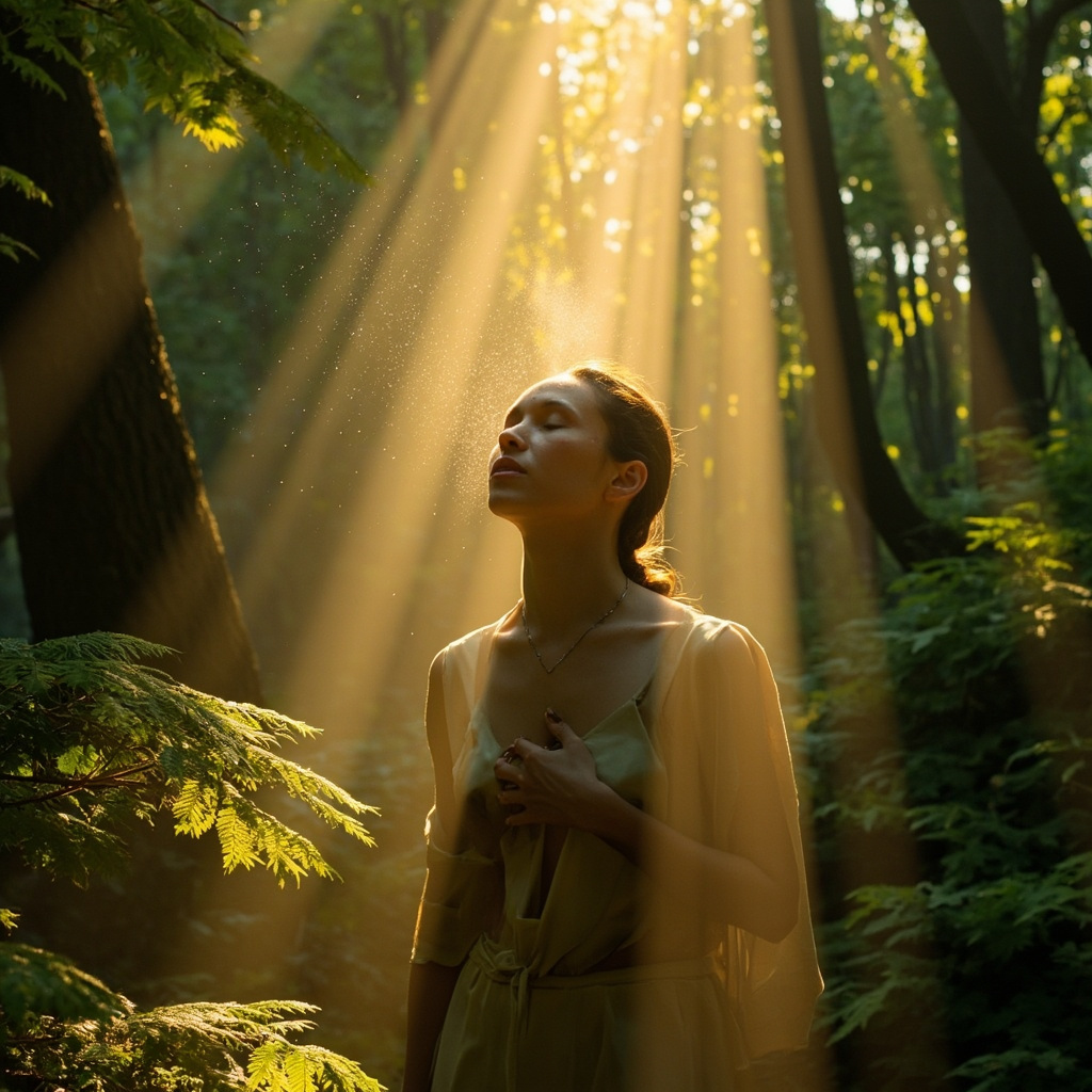 A serene, artistic image of a person peacefully breathing in the fresh air of a calm, forest-like environment, with soft sunlight filtering through, representing clarity and respiratory ease.