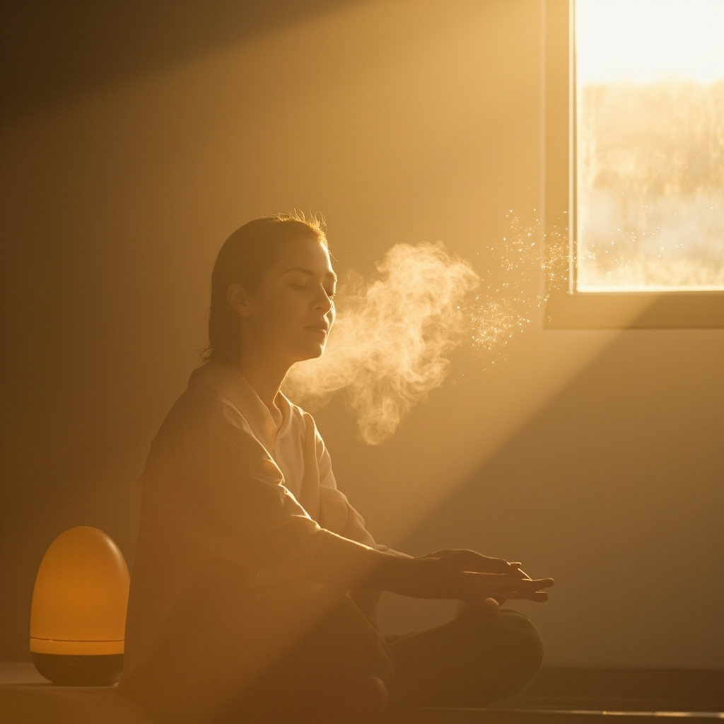 A high-quality, serene image of a person sitting in a quiet, sunlit room, eyes closed, with a gentle, soft-focus mist of essential oils diffusing nearby, representing breath and clarity.