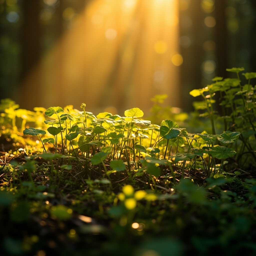 A high-quality, serene photograph of a golden, sunlight-drenched forest floor with vibrant, healthy green plants and soft, glowing light, representing the foundational energy of life and growth.