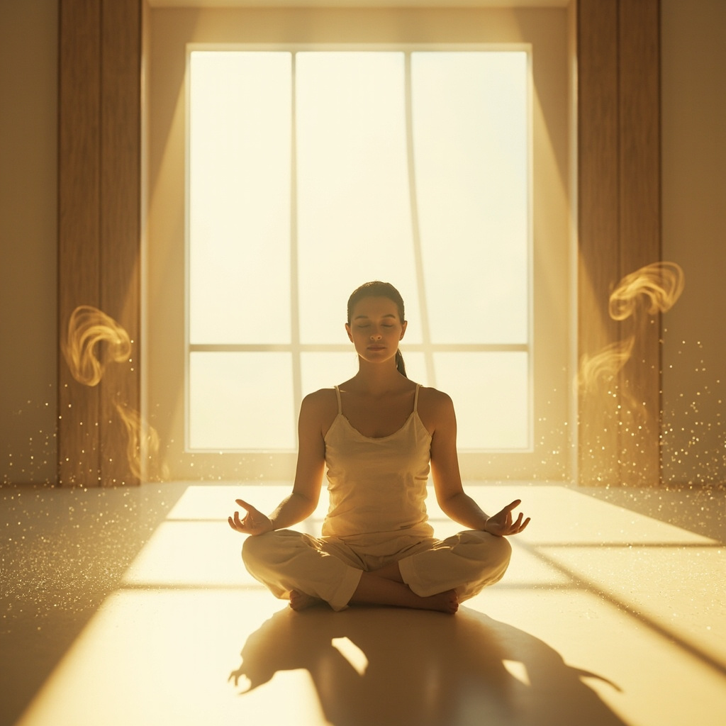 A serene, minimalist image of a person sitting in a quiet, sunlit room, focusing on their breath, with subtle, ethereal waves representing harmonic frequencies and a soft hint of aromatic mist in the air.