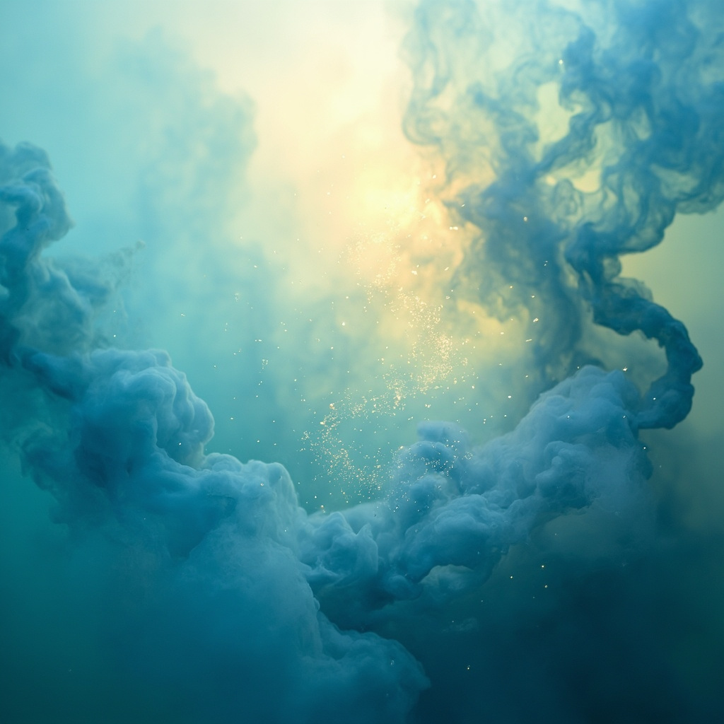 A serene, abstract image of soft, swirling blue and teal mist representing gentle breath and throat comfort, with subtle golden light highlights to signify clarity and peace.
