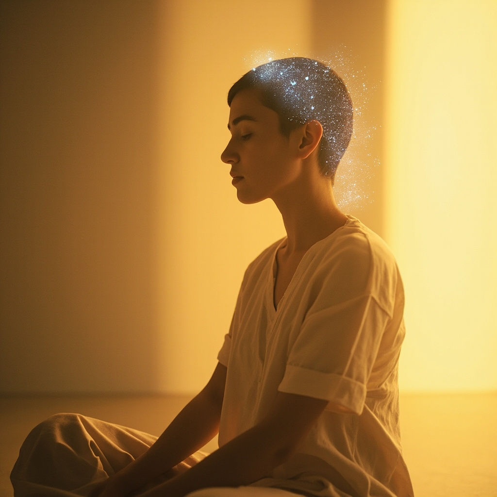 A serene, minimalist image of a person sitting in a quiet, sunlit room, with a subtle, glowing energy field around their head and shoulders, representing sensory clarity and nervous system balance.