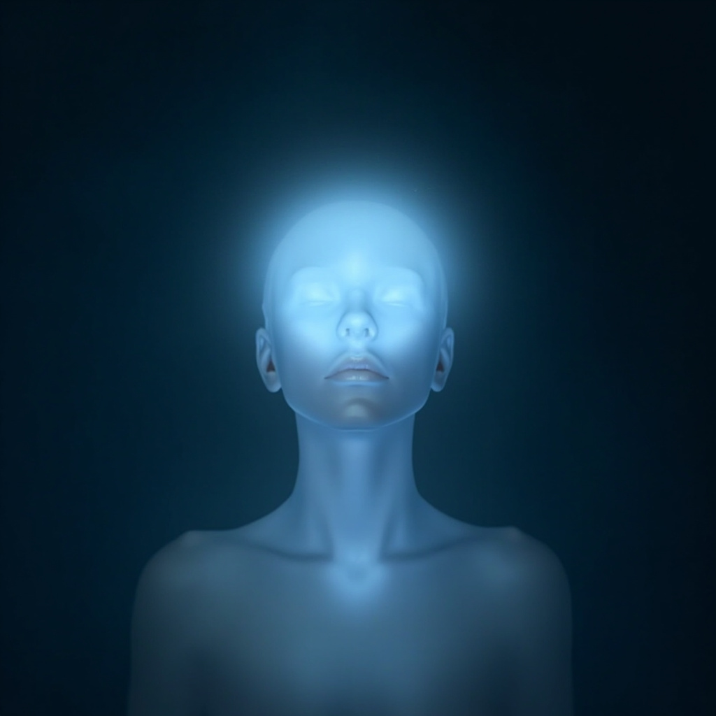 A calming, ethereal image of a glowing, soft light centered around the throat area, representing energy flow and balance, professional and serene aesthetic.