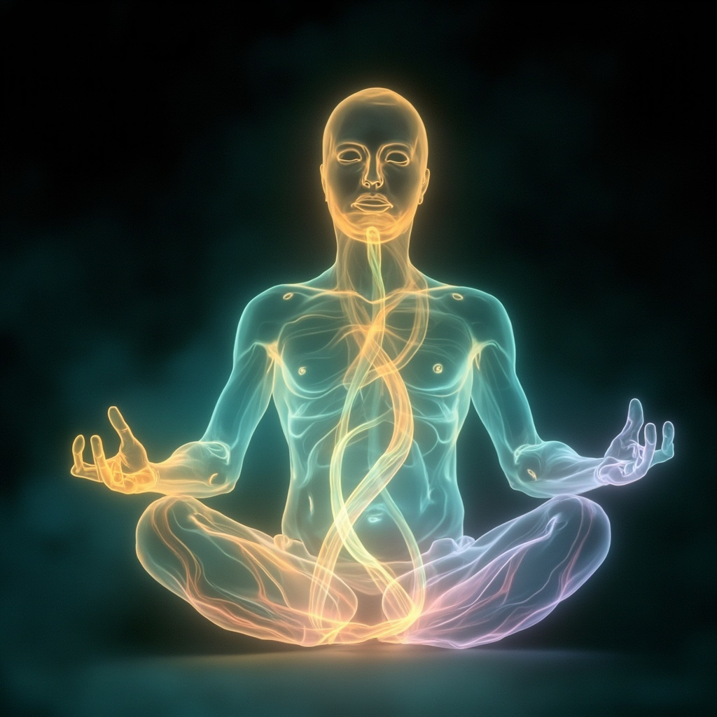 A serene, abstract image of soft, glowing light waves flowing through a human silhouette, representing breath and energy balance.