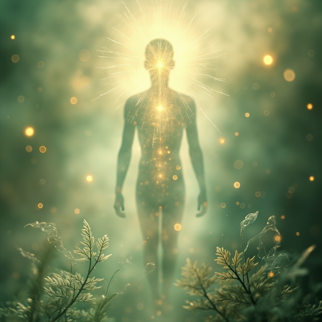 A soft, artistic render of a calm, glowing human silhouette representing inner harmony and balanced energy fields, with subtle, ethereal botanical elements in the background to represent the soothing power of nature.