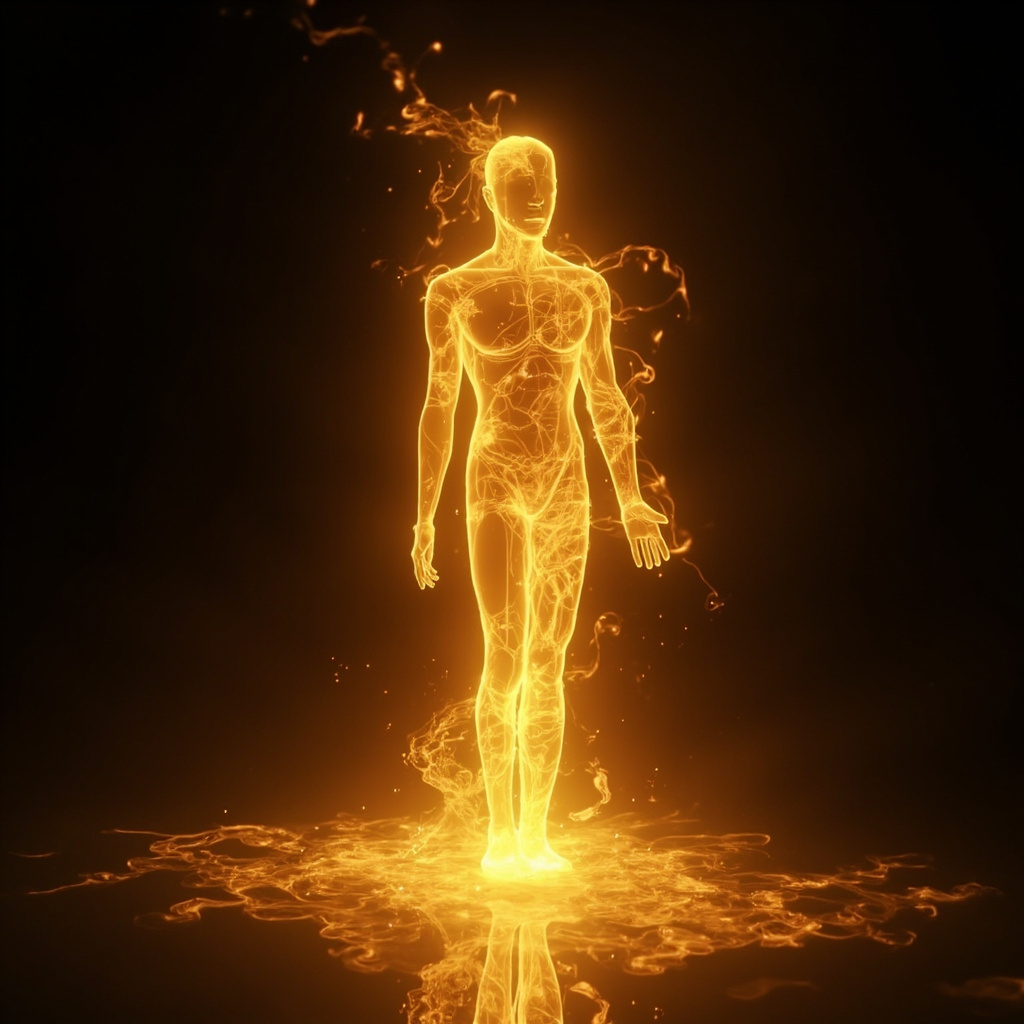A soft, ethereal image of liquid gold light flowing through a human silhouette, representing internal harmony and fluid movement.