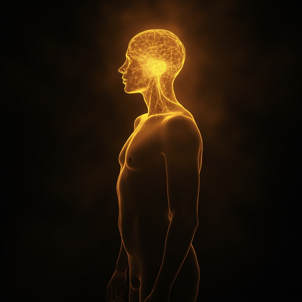 A soft, ethereal image of a human silhouette with glowing, harmonious light patterns emanating from the center of the head, representing brain clarity and electrical balance.