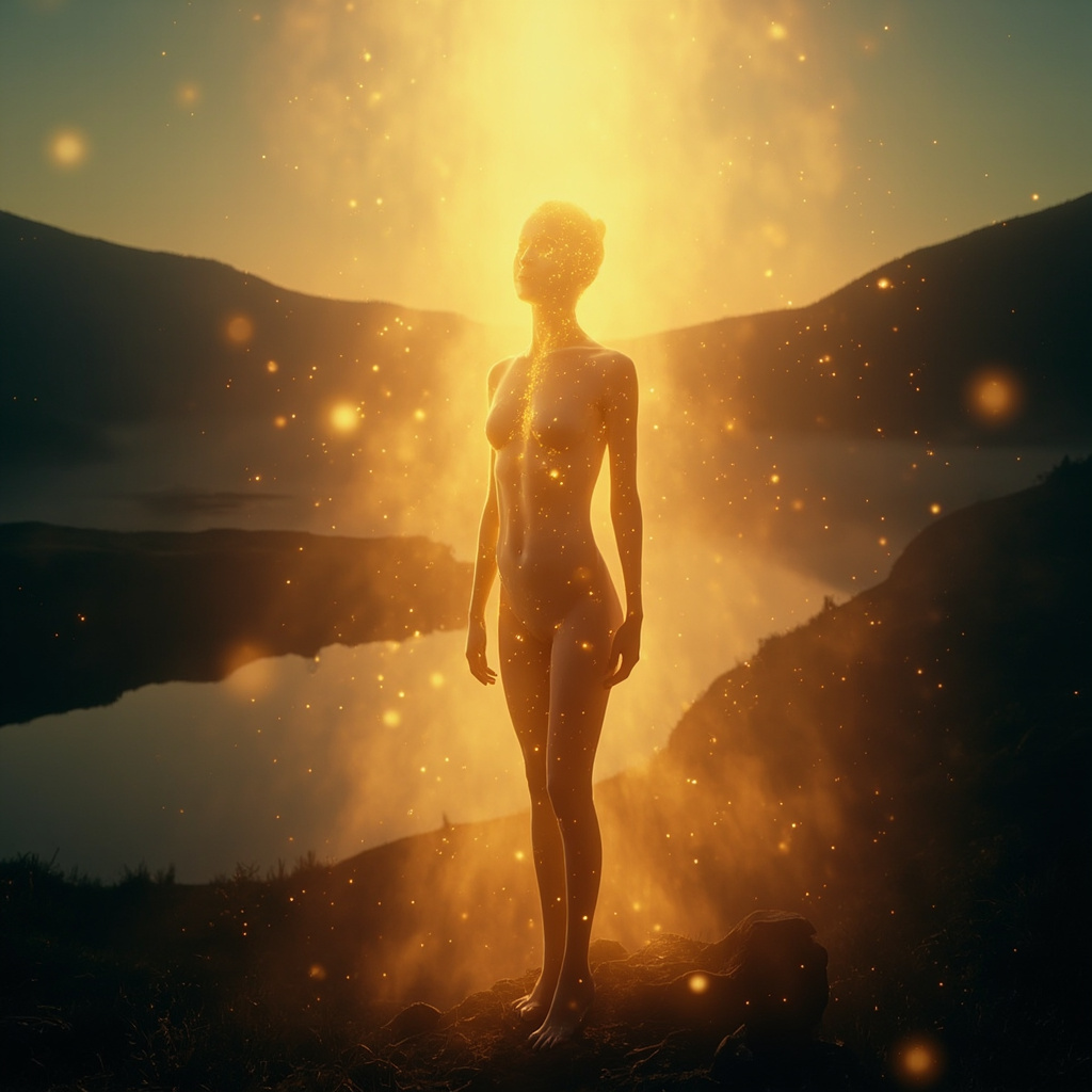A high-quality, serene image showing a soft, glowing golden light flowing through a human silhouette, representing internal energy and motivation, set against a calm, natural background.
