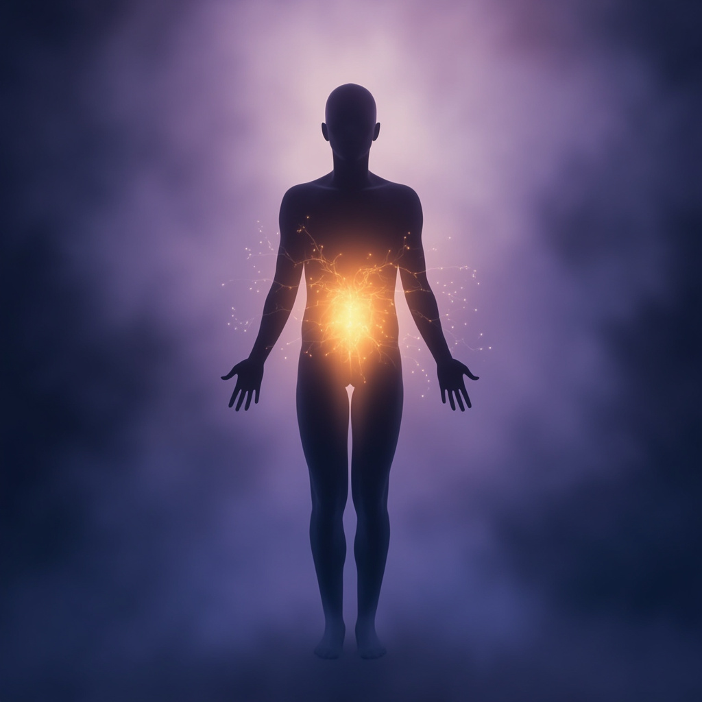 A calming, ethereal image of a human silhouette with a glowing, balanced light radiating from the area above the kidneys, representing the adrenal glands in harmony with the nervous system.