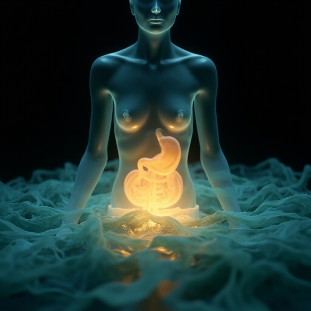 A soft, abstract image showing a glowing, gentle golden light emanating from the center of a human silhouette, representing the gut area, with subtle, calming waves of blue and green, symbolizing harmony and restoration.