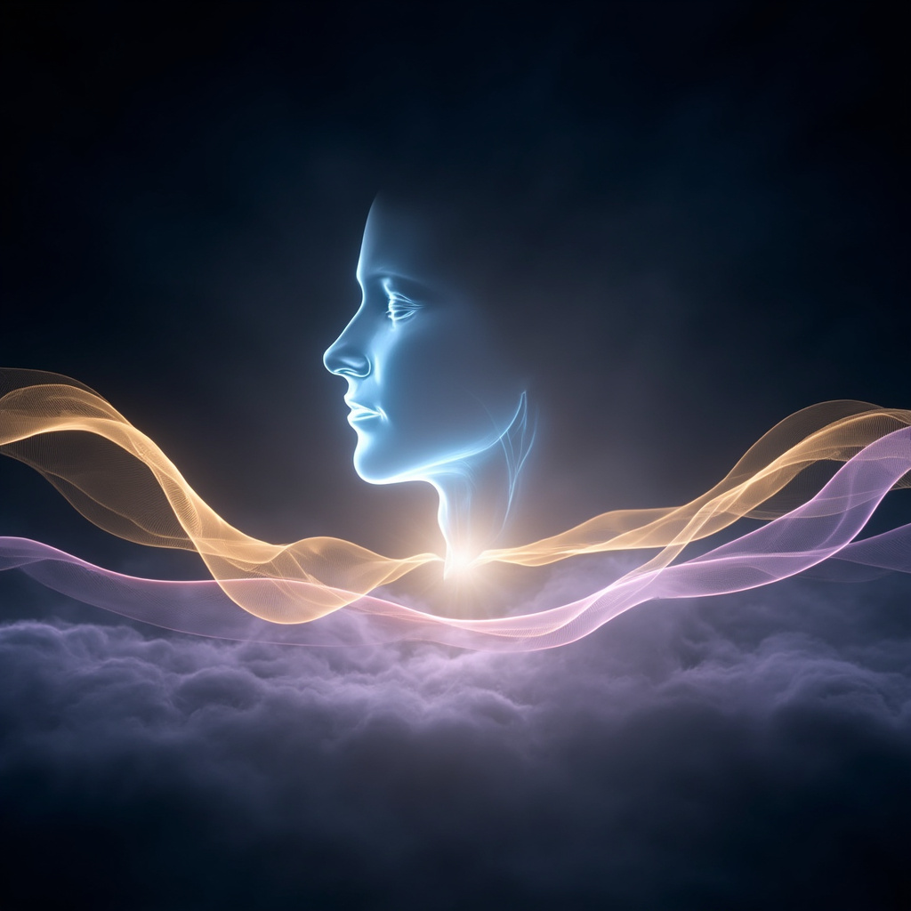 A serene, abstract image of a glowing, translucent throat area surrounded by soft, flowing light waves representing energy and harmony.