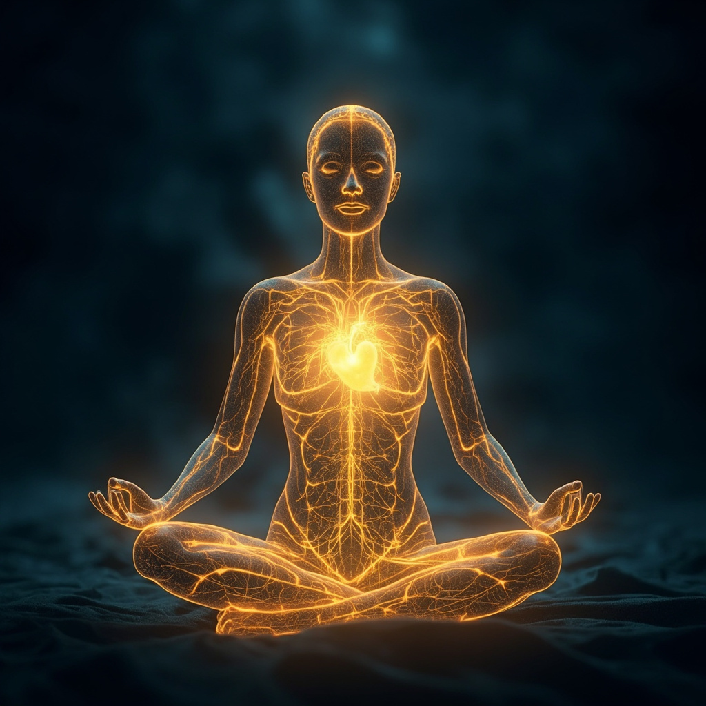 A high-quality, serene image of a human silhouette showing a glowing network of golden electrical currents flowing through the nervous system and heart, set against a deep navy blue background to represent deep healing and technology.
