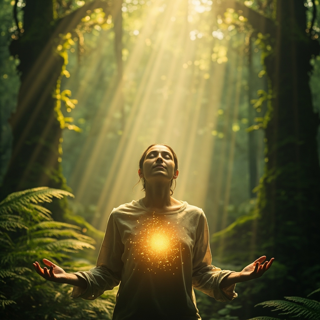 A soft-focus, serene image of a person standing in a forest, arms slightly open, taking a deep breath with light, golden energy particles surrounding the chest area.