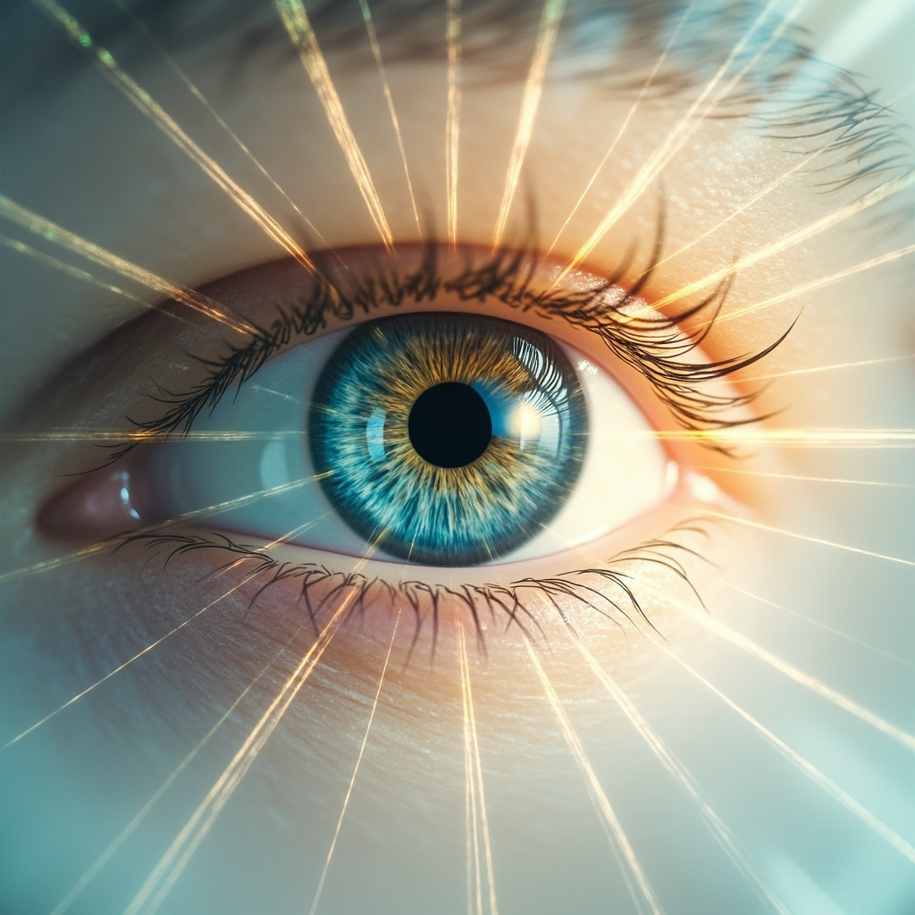 A serene, abstract image showing soft light rays converging toward a human eye, symbolizing clarity, focus, and energetic balance in a digital, gentle aesthetic.