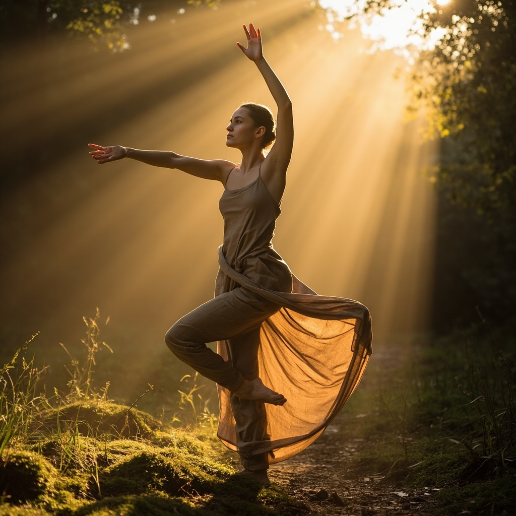 A high-quality, serene photograph of a person practicing gentle, fluid movement in nature, with soft natural light, symbolizing flexibility and joint health.