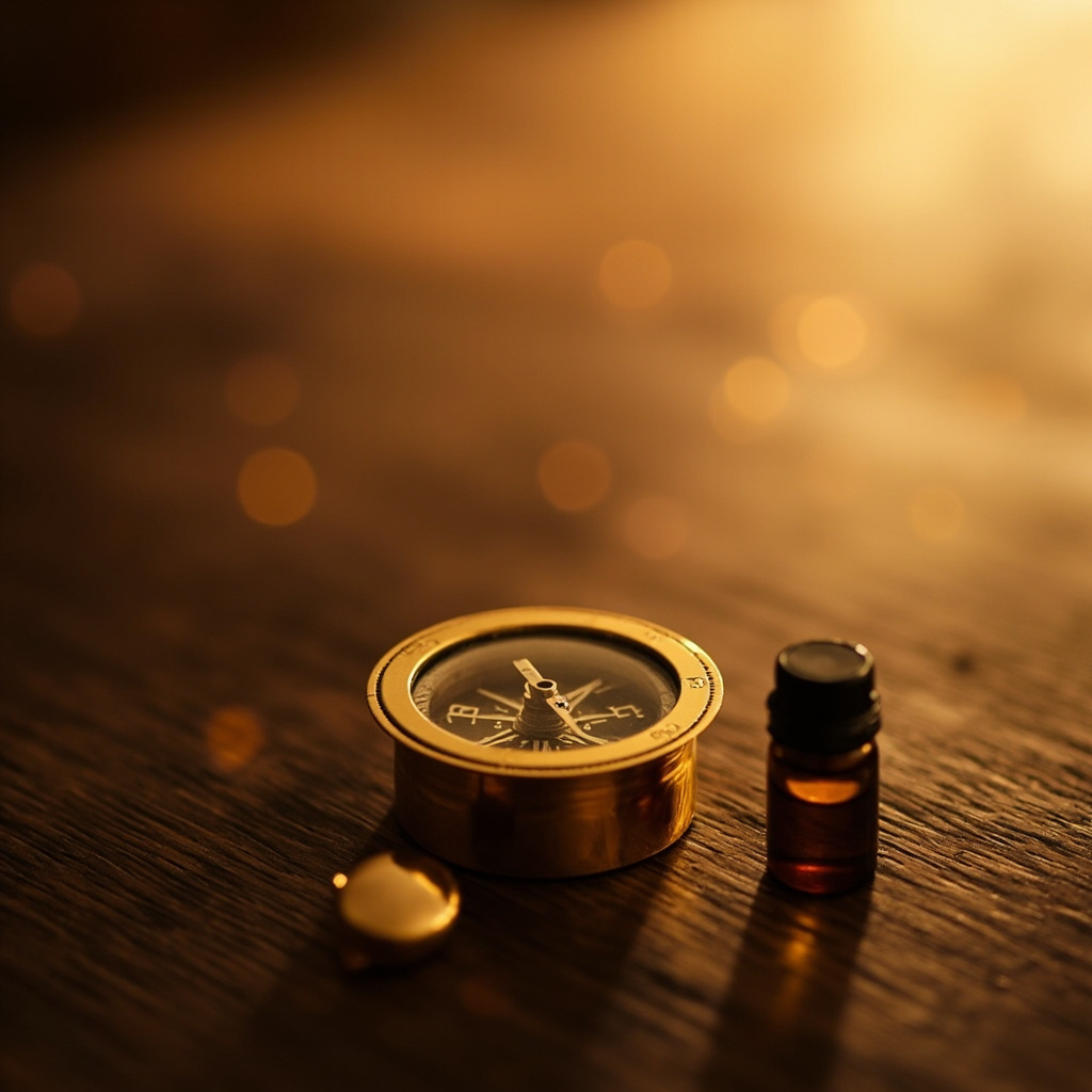 A serene, minimalist image of a compass resting on a wooden table next to a small bottle of essential oil and a soft, glowing light, symbolizing inner direction and clarity.