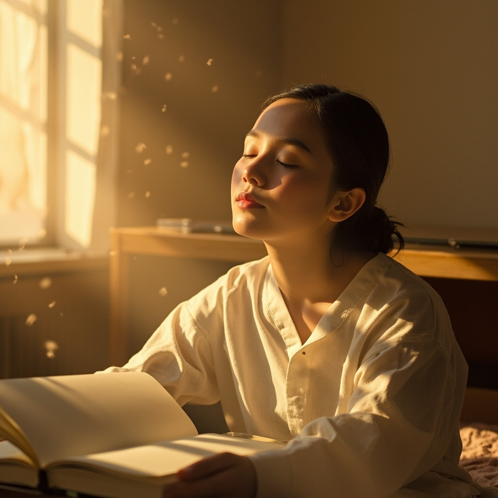 A high-quality, serene image of a person sitting peacefully in a sunlit room, focusing calmly on a notebook, symbolizing clarity and regained balance.