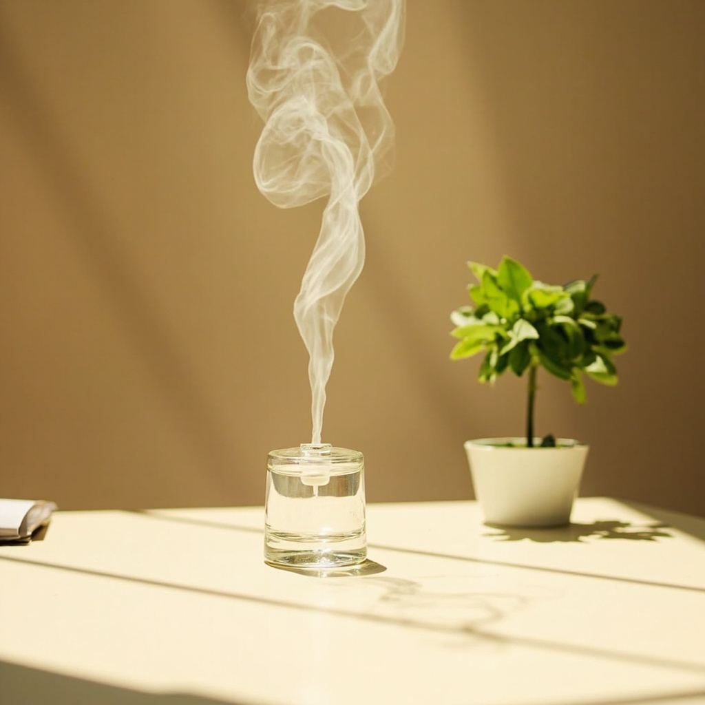 A high-quality, serene photograph of a minimalist workspace with a small glass diffuser emitting a gentle mist, soft natural morning light, and a single green plant, symbolizing clarity and natural order.