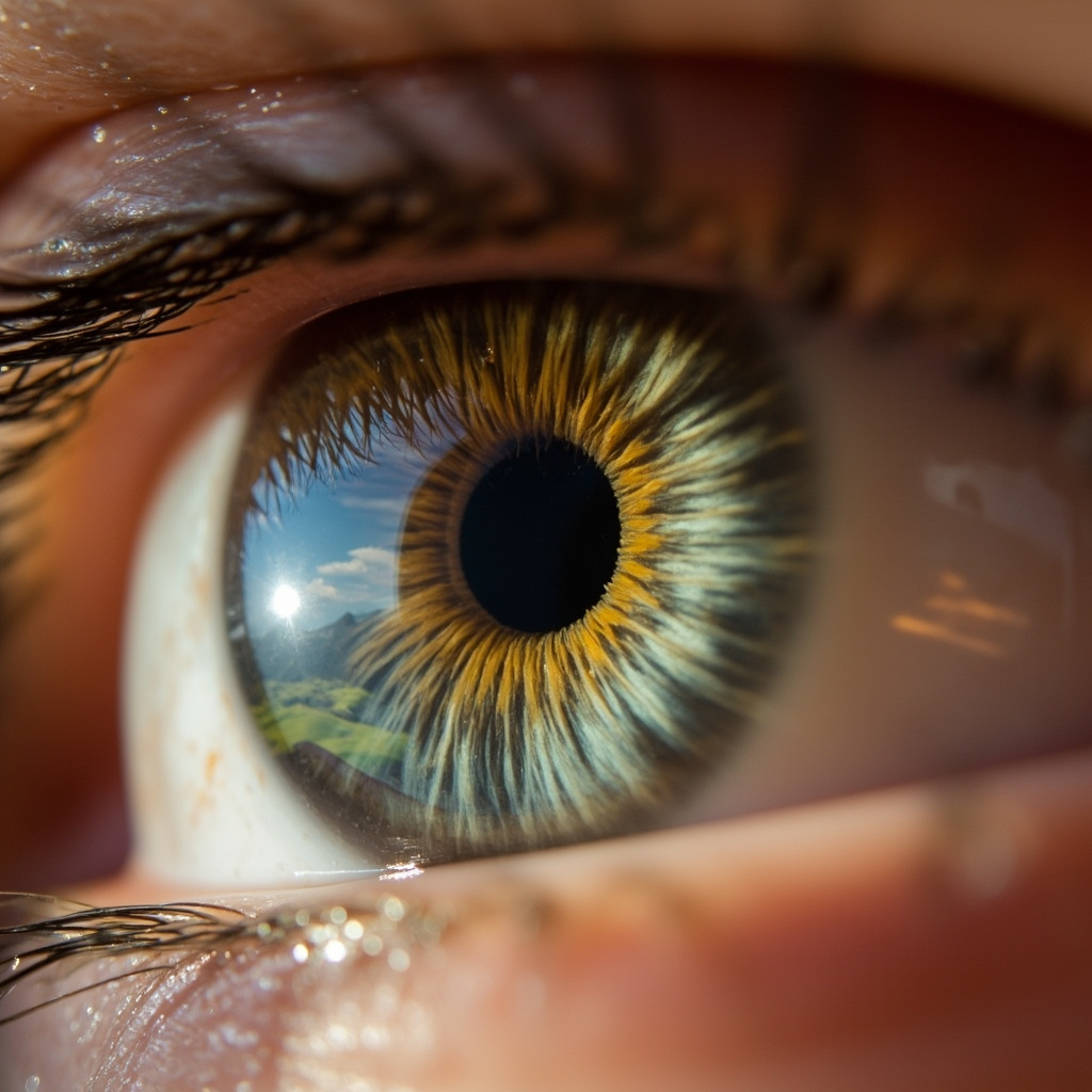 A high-quality, serene close-up photograph of a human eye with soft, natural lighting, reflecting a beautiful, clear landscape in the pupil, symbolizing clarity and inner vision.