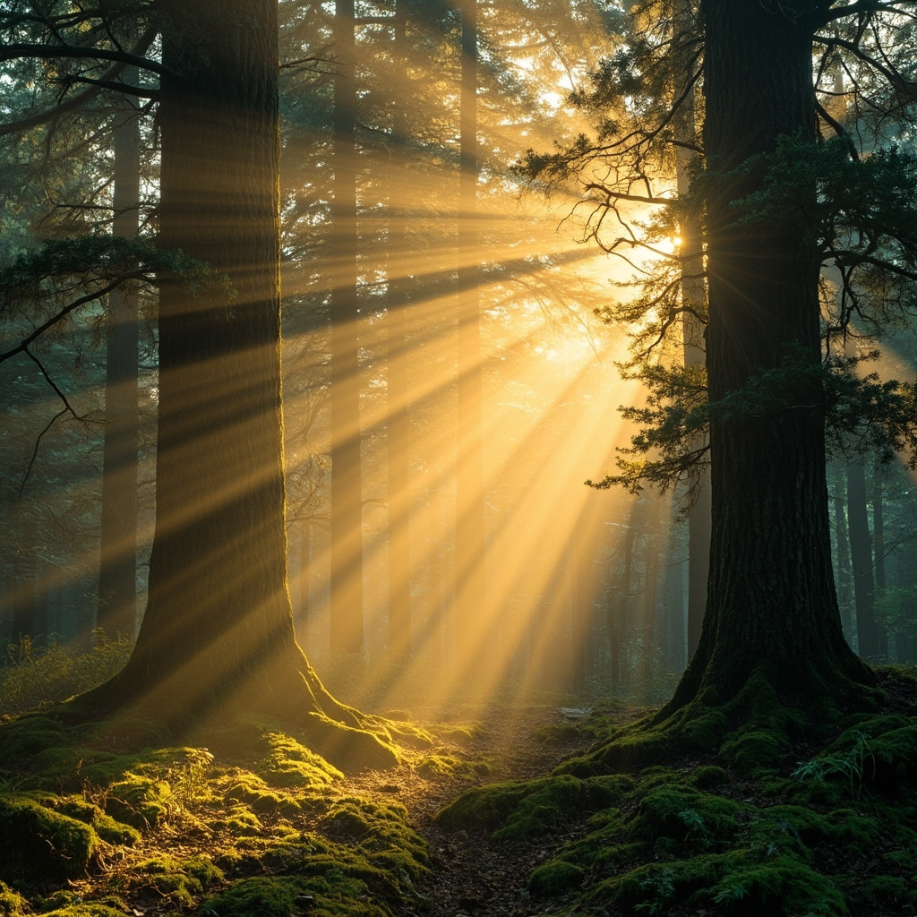A calming, ethereal image of a serene forest landscape with soft, golden light filtering through trees, symbolizing protection and internal balance.