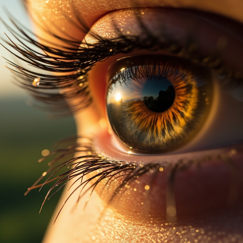 A serene, artistic close-up of a human eye reflecting a soft, natural landscape, symbolizing clarity and inner vision, soft focus, warm lighting.