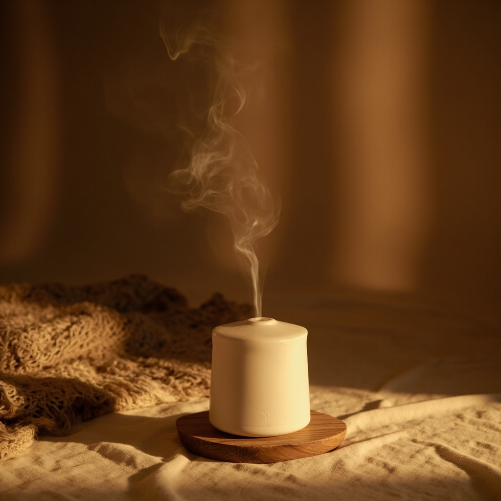 A serene, minimalist image of a soft, dimly lit room with a diffuser gently releasing aromatic mist, symbolizing rest and restoration.