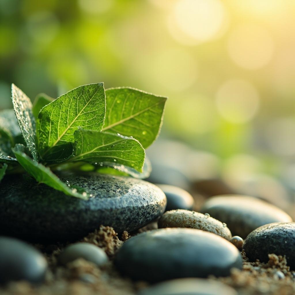 A serene, soft-focus image of natural textures like smooth stone and fresh green leaves, symbolizing skin renewal and gentle healing.