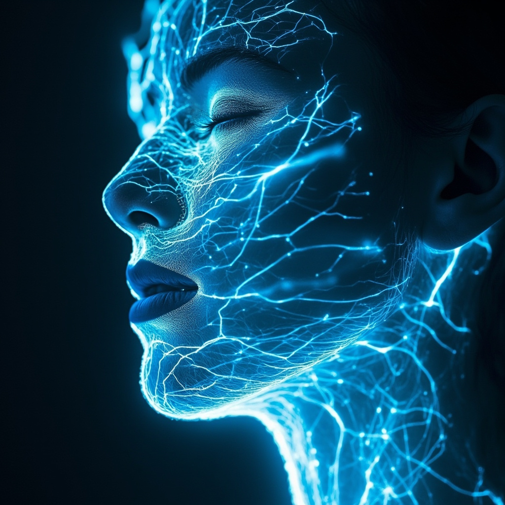 A soft, artistic depiction of a glowing, calm energy field around the throat area, transitioning from tense, jagged lines to smooth, flowing waves of light, cinematic, high quality.