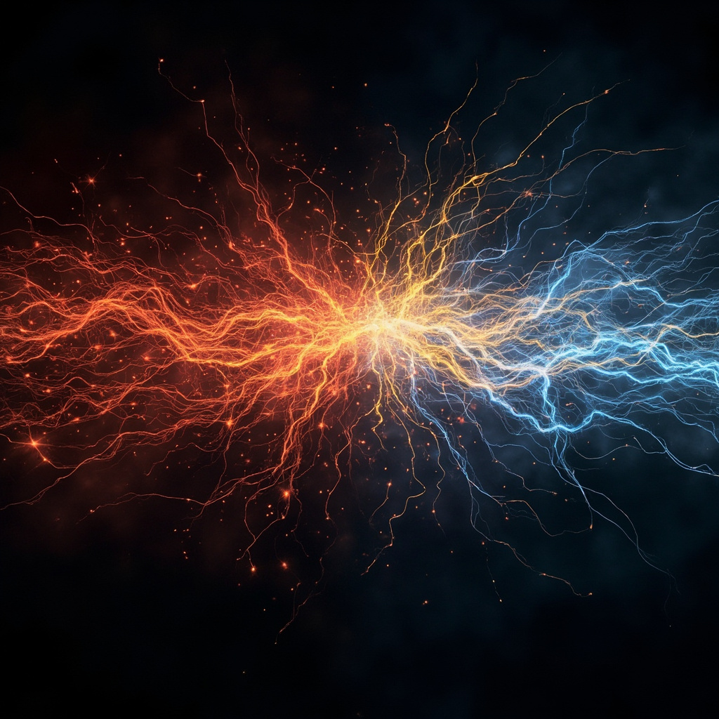 A serene, abstract digital art piece showing glowing neural pathways transitioning from a chaotic, dark red state to a calm, harmonious blue and gold light frequency.