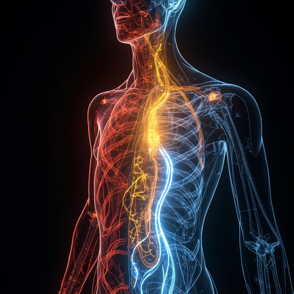 A conceptual image showing a glowing network of blood vessels and nerves in a human torso, transitioning from a tense red color to a calm, coherent blue and gold light, symbolizing balance and flow.