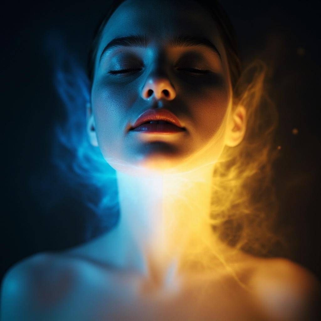 A calming, ethereal image of a soft light glowing around the throat area, transitioning from a tense blue to a relaxed, warm golden hue, symbolizing energy balance.