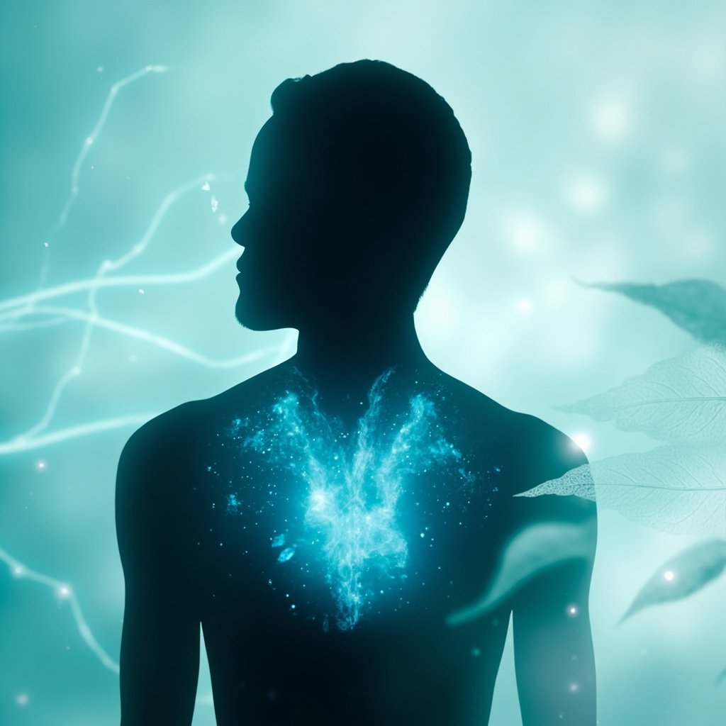 A high-quality, conceptual image showing a human silhouette with a glowing, translucent blue protective shield around the chest and nasal area, symbolizing the mucosae. The background is a serene, soft gradient of teal and white, blending scientific electrical waveforms with organic leaf shapes.