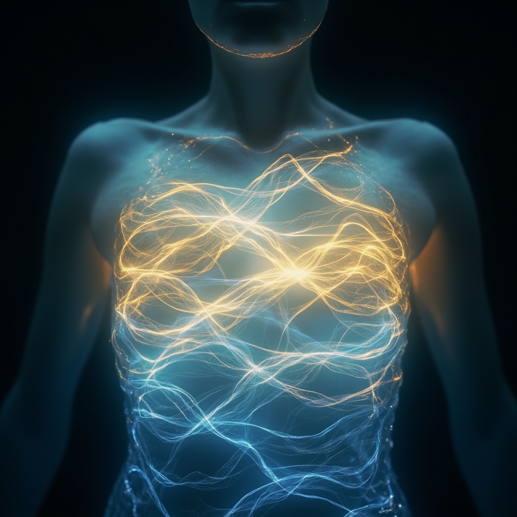 A serene, abstract visualization of light waves flowing through the human chest area, conveying a sense of openness, breath, and deep calm, soft blue and gold color palette.