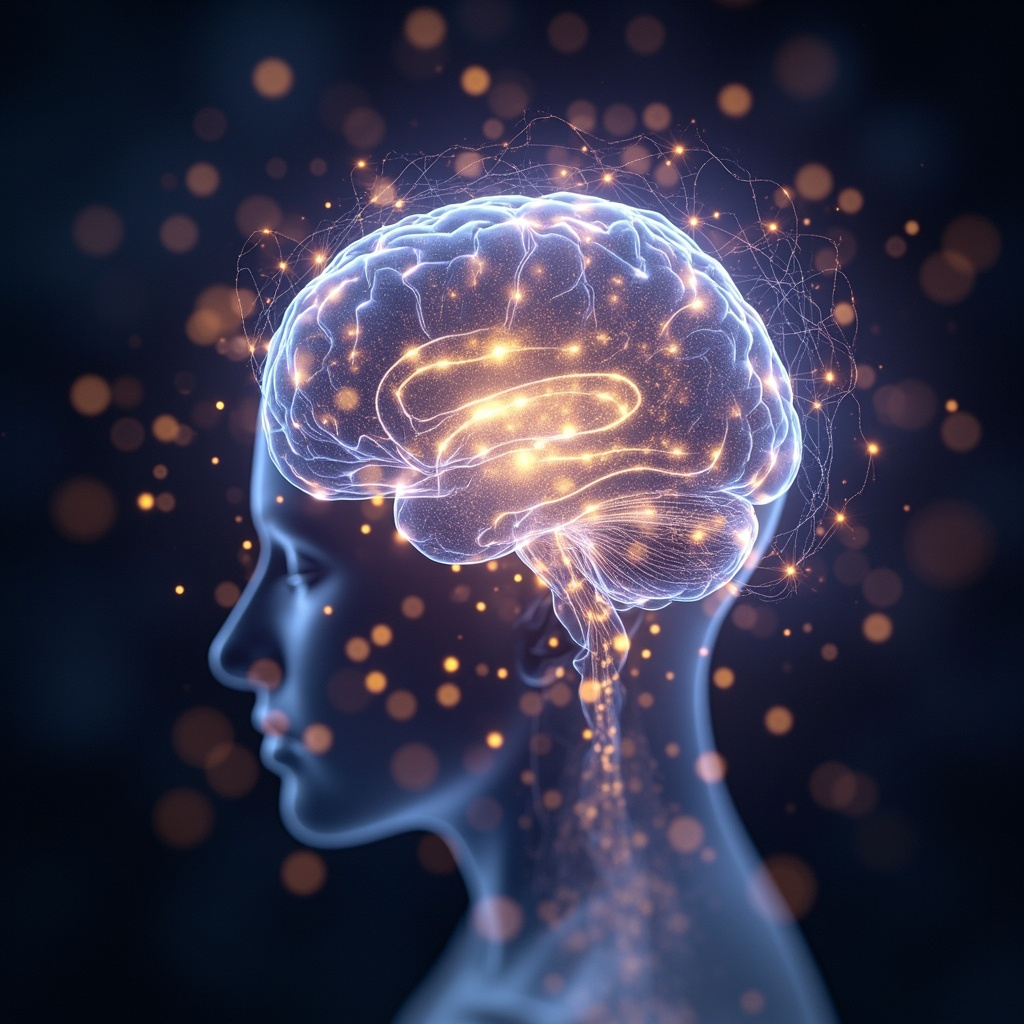 A serene, abstract visualization of glowing neural networks and light frequencies centered around the base of the human brain, symbolizing harmony and balance.