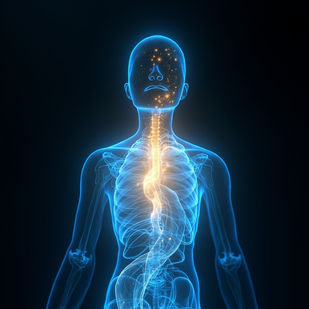 A serene, abstract visualization of light waves flowing through a human silhouette, highlighting the chest and throat areas in soft, calming blue and golden hues, symbolizing breath and energy flow.