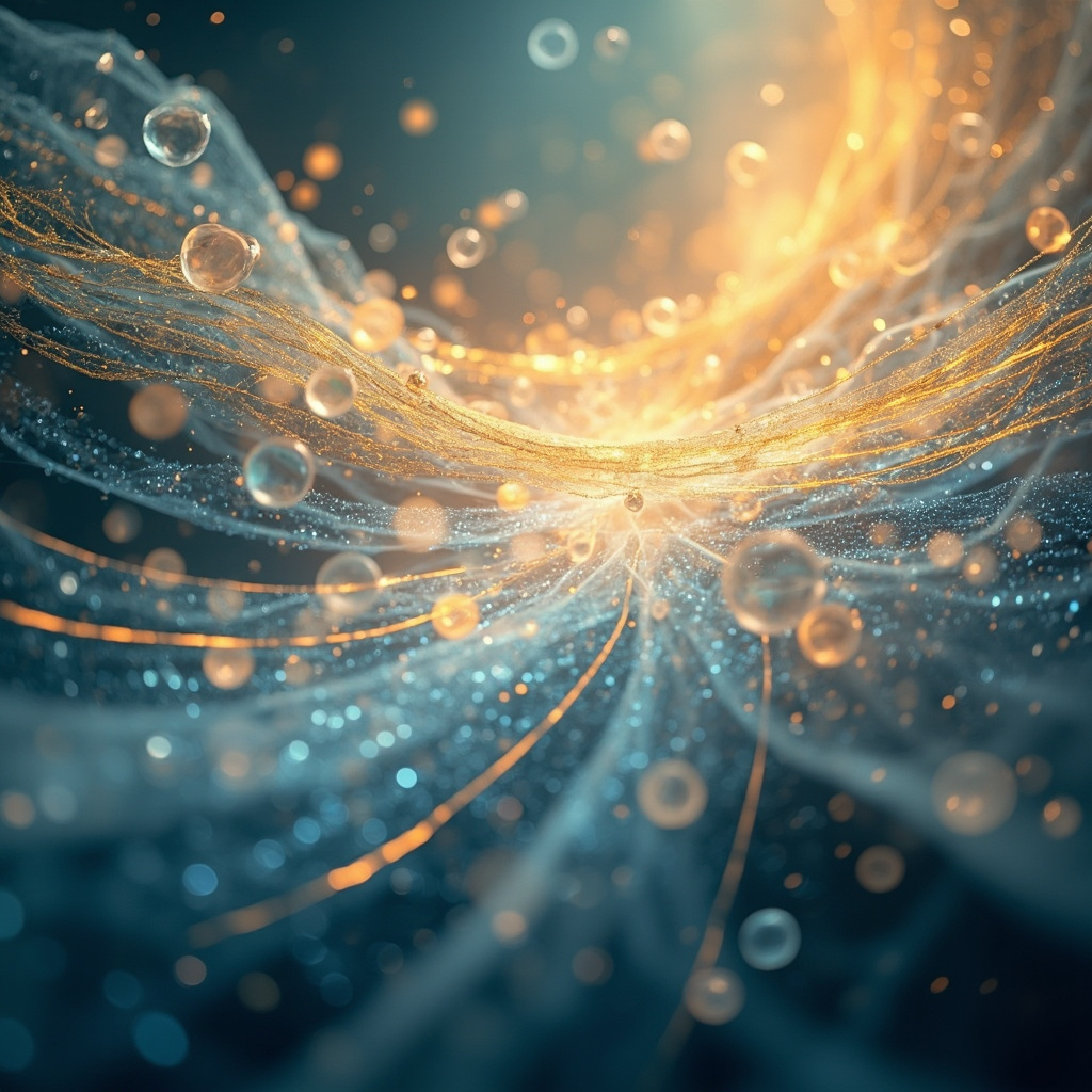 A serene, abstract visualization of light waves interacting with cellular structures, symbolizing the restoration of energetic balance and harmony.