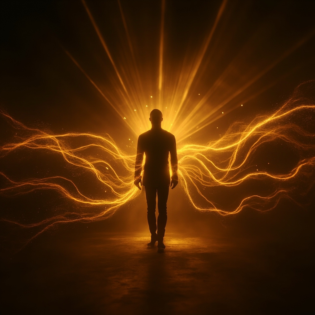 A serene, abstract visualization of flowing golden light waves intersecting with a calm human silhouette, representing internal harmony and energy balance.