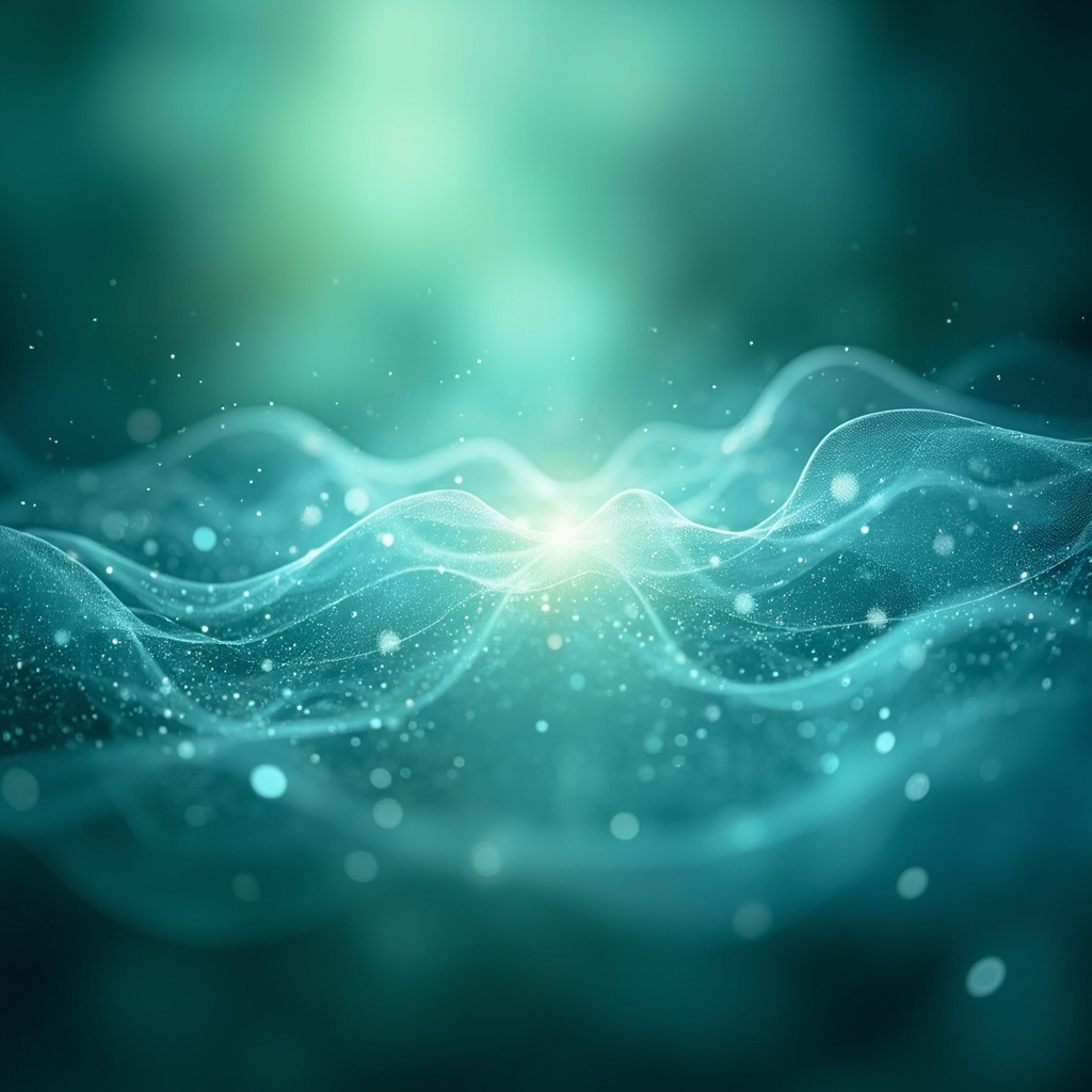 A serene, abstract visualization of light frequencies interacting with human energy fields, soft blues and greens, professional and calming aesthetic.