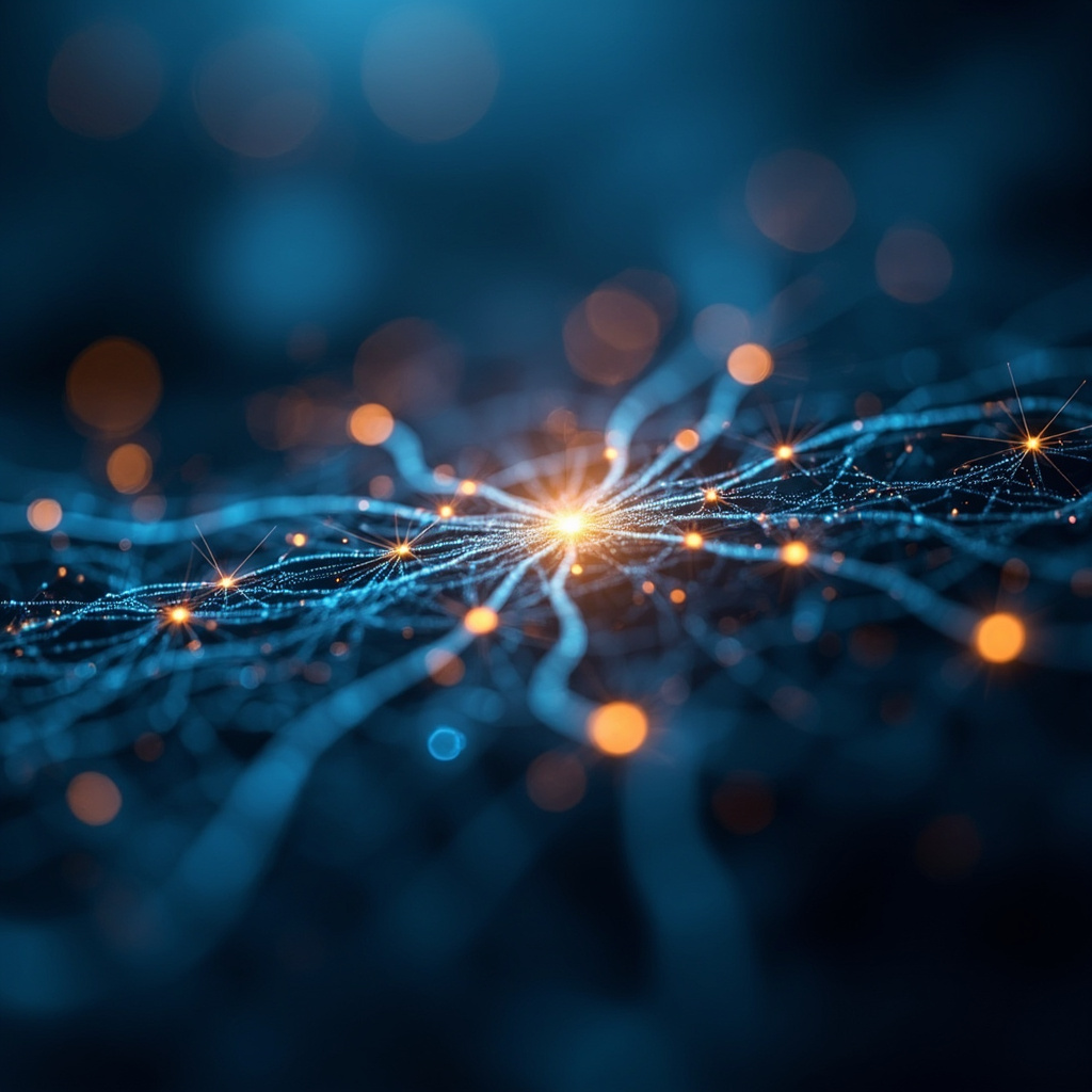 A serene, abstract visualization of a glowing, balanced neural network pulse, soft blue and golden light, high resolution, professional, clean aesthetic.