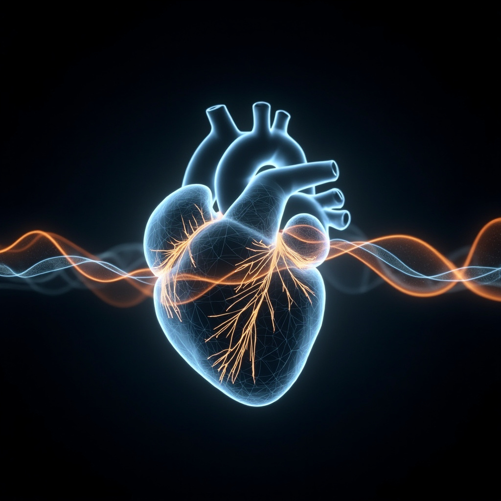 A calm, abstract visualization of glowing, rhythmic light pathways flowing through a human heart silhouette, soft blue and warm gold colors, professional and healing aesthetic.