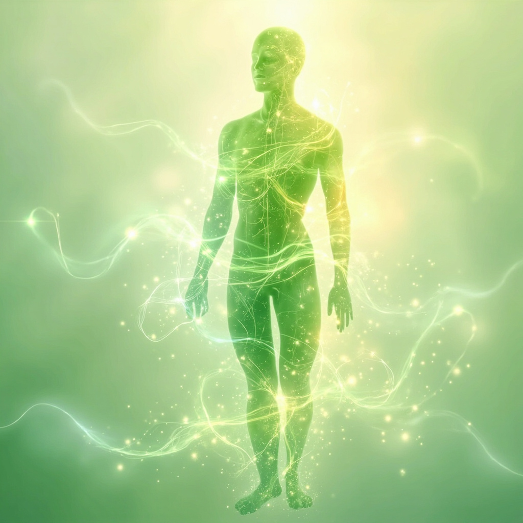 A serene, abstract visualization of flowing energy pathways in the human body, blending soft greens and warm light to represent liver meridian harmony.