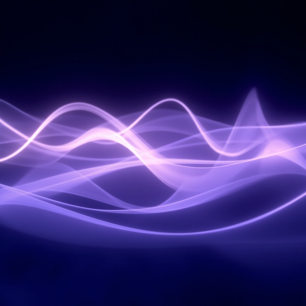 A serene, abstract visualization of soft, glowing light waves in shades of indigo and violet, representing brainwave patterns in a calm, meditative environment.