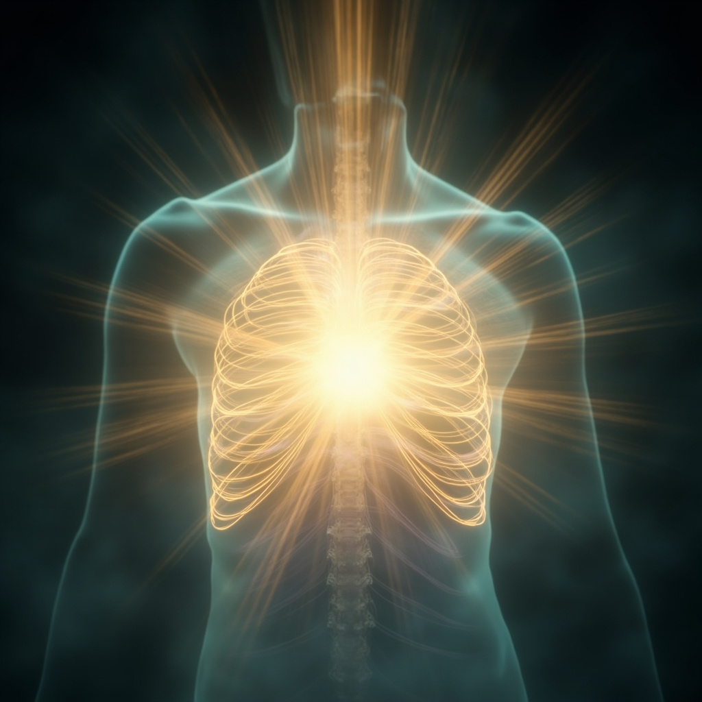 A serene, abstract visualization of a glowing, open chest area with soft light frequencies radiating outward, representing emotional release and physical harmony.