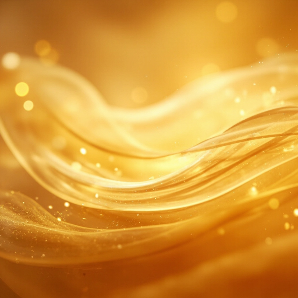 A serene, abstract visualization of glowing golden light waves harmonizing with a soft-focus image of human skin, representing energetic balance and healing.