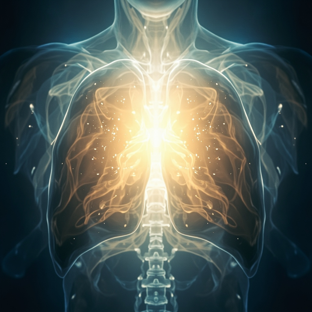 A serene, abstract visualization of a glowing, open chest cavity with soft light radiating from the center, representing harmony and space.