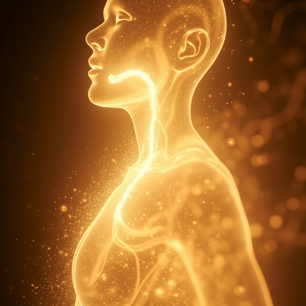 A serene, abstract visualization of light-blue and soft-white energy waves flowing through a pair of luminous, healthy lungs, representing balance and respiratory freedom.