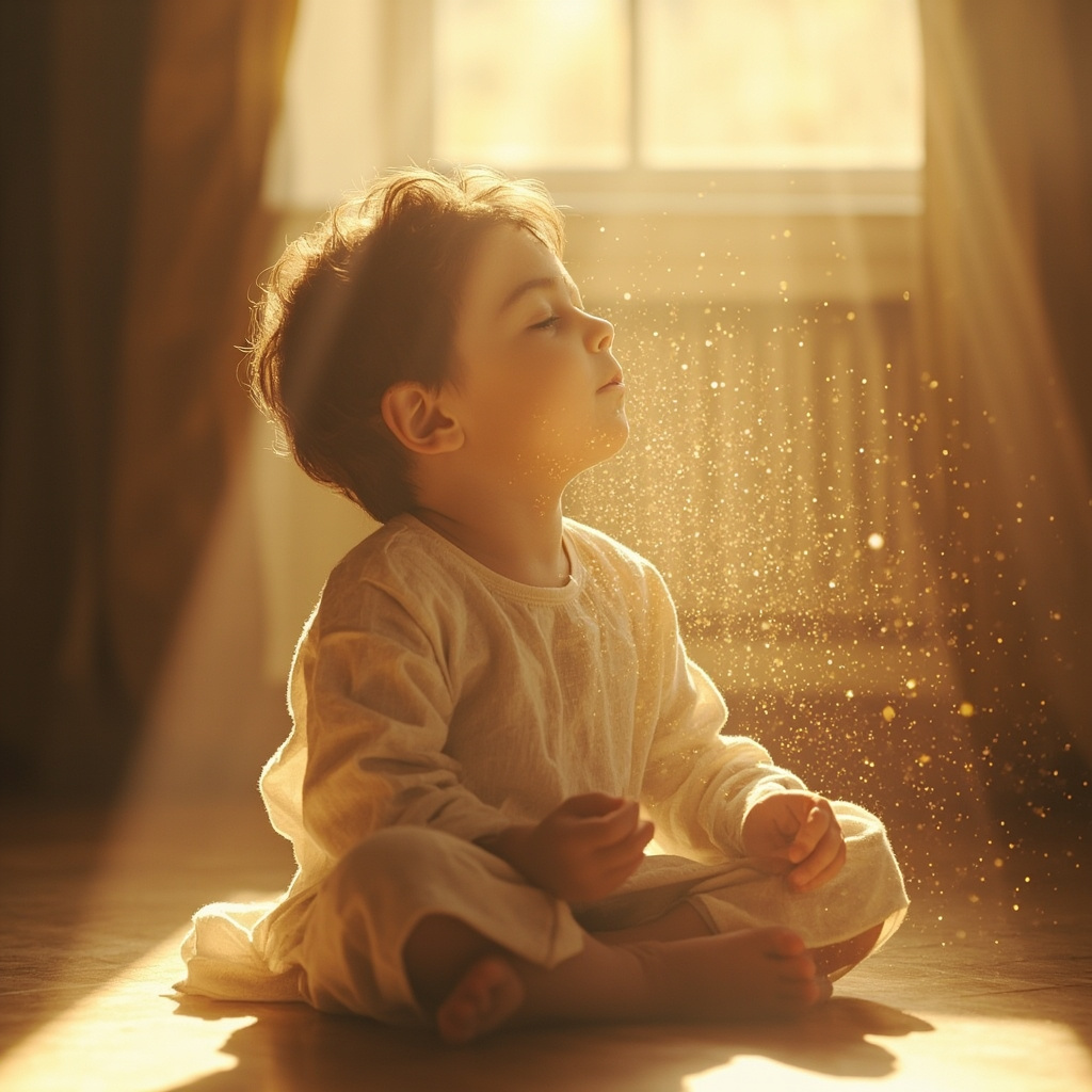 A soft, serene image of a child sitting peacefully in a sunlit room, breathing deeply, with a subtle visualization of harmonious, glowing energy waves surrounding them.