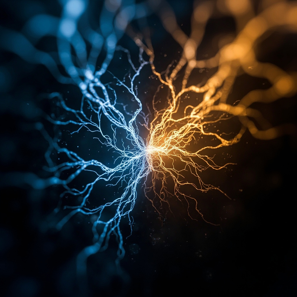 A serene, abstract visualization of neural pathways glowing with soft, golden light, transitioning from chaotic blue frequencies to a state of calm, harmonious balance.