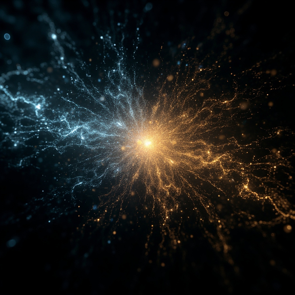 A calming, abstract visualization of neural pathways glowing with soft, golden light, transitioning from chaotic blue sparks at the edges to a harmonious, steady amber glow in the center.