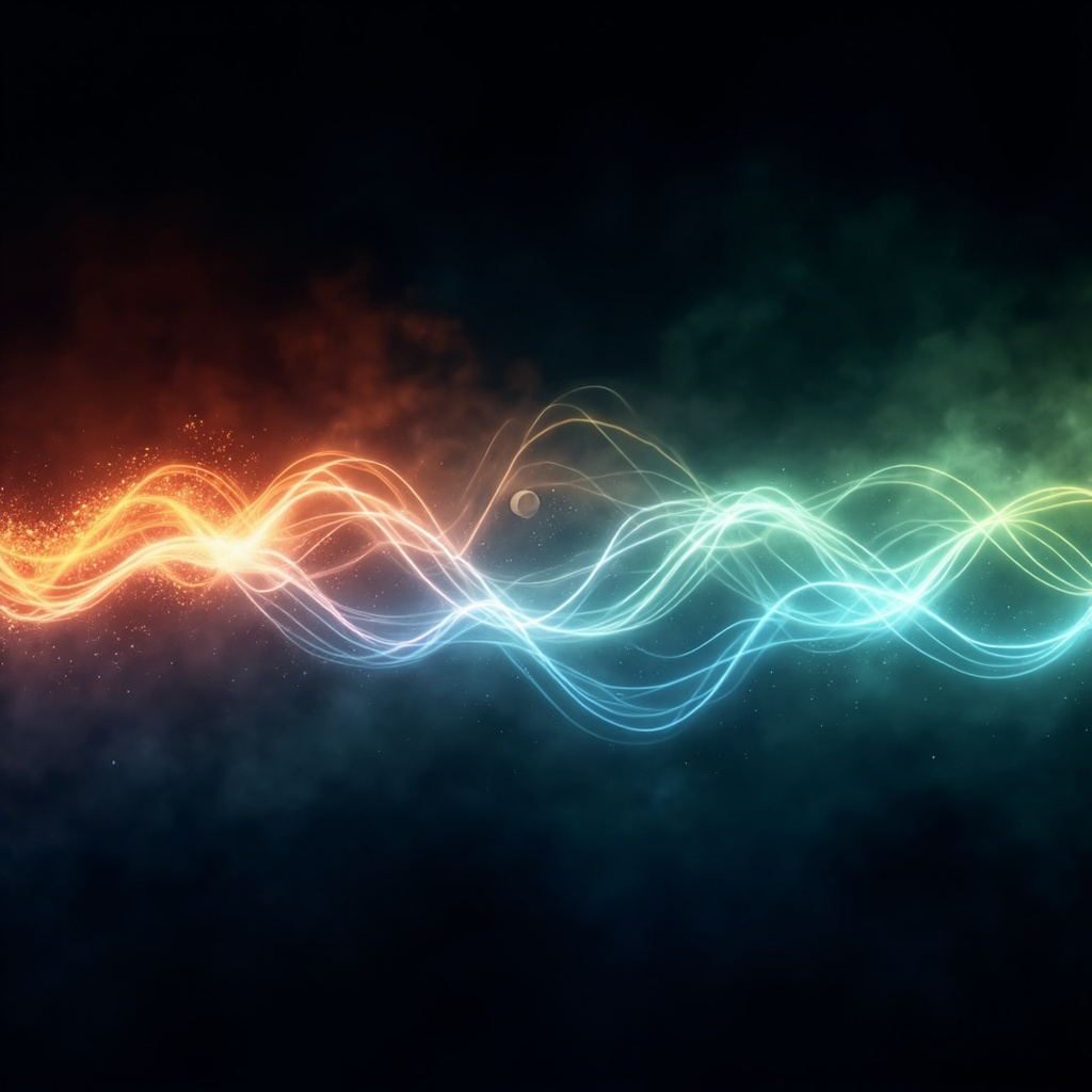 A calm, abstract visualization of light waves transitioning from a jagged, red-orange frequency to a smooth, flowing blue and green wave pattern, representing the shift from stress to balance.